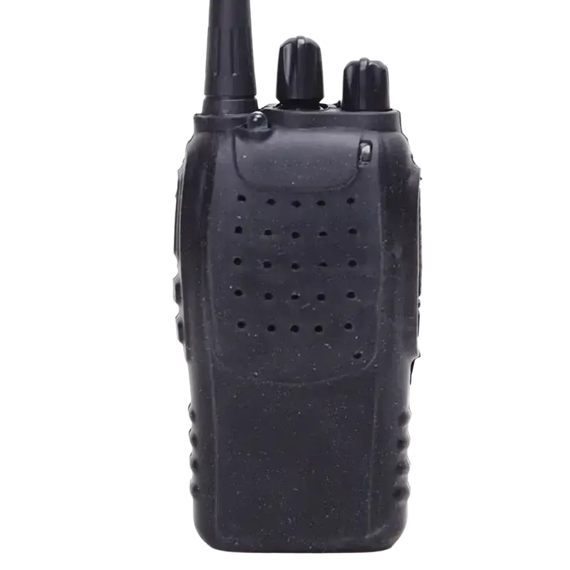 Black plastic walkie talkie with textured grip and perforated speaker grille inside silicone case for baofeng bf 888s