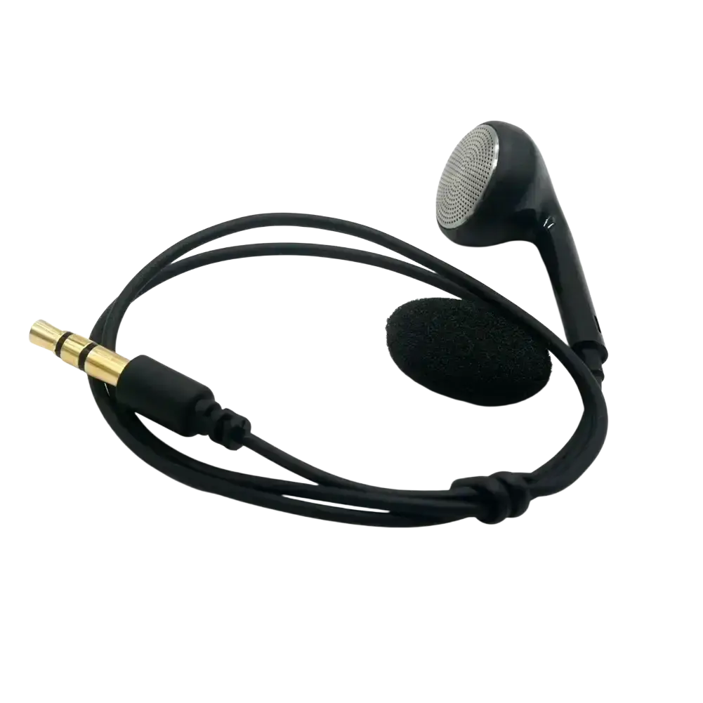 Black walkie talkie single sided mono earphone with ergonomic soft ear tips and gold 3.5mm audio jack for comfort