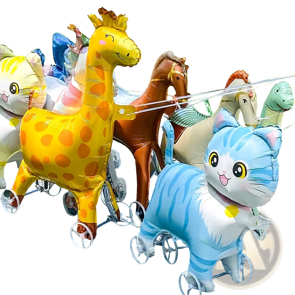 Walking animal foil balloon on stand featuring a blue and white striped cat shape with wheels and large yellow eyes