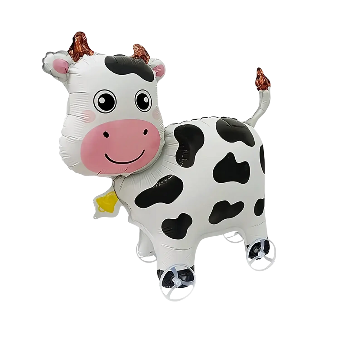 A cheerful white and black spotted walking animal foil balloon with pink ears nose and smile on a stand