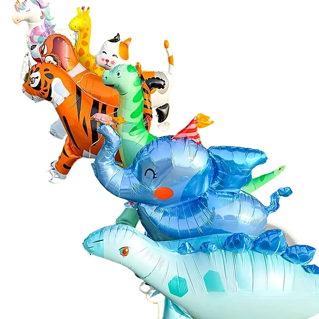 Walking animal foil balloon on stand featuring colorful inflatable tiger elephant dinosaur cat giraffe and unicorn designs
