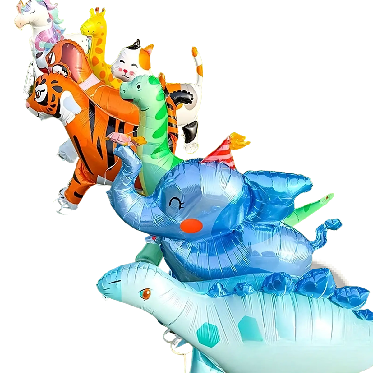 Walking animal foil balloon on stand featuring colorful inflatable tiger elephant dinosaur cat giraffe and unicorn designs