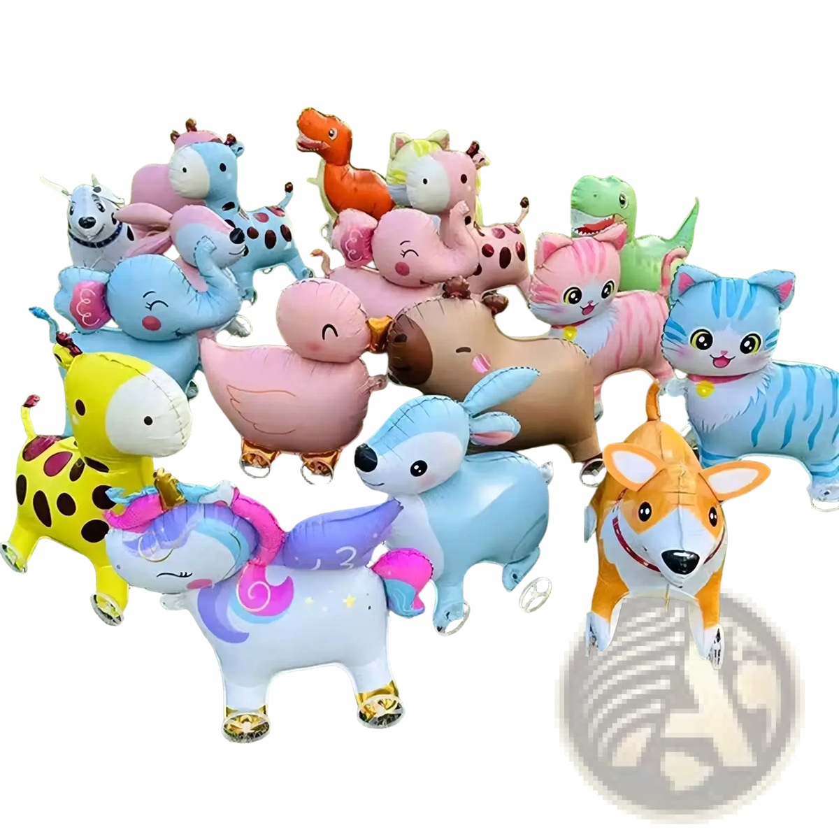 Walking animal foil balloons on stand featuring colorful inflatable pastel and vibrant animal shapes with cartoon designs