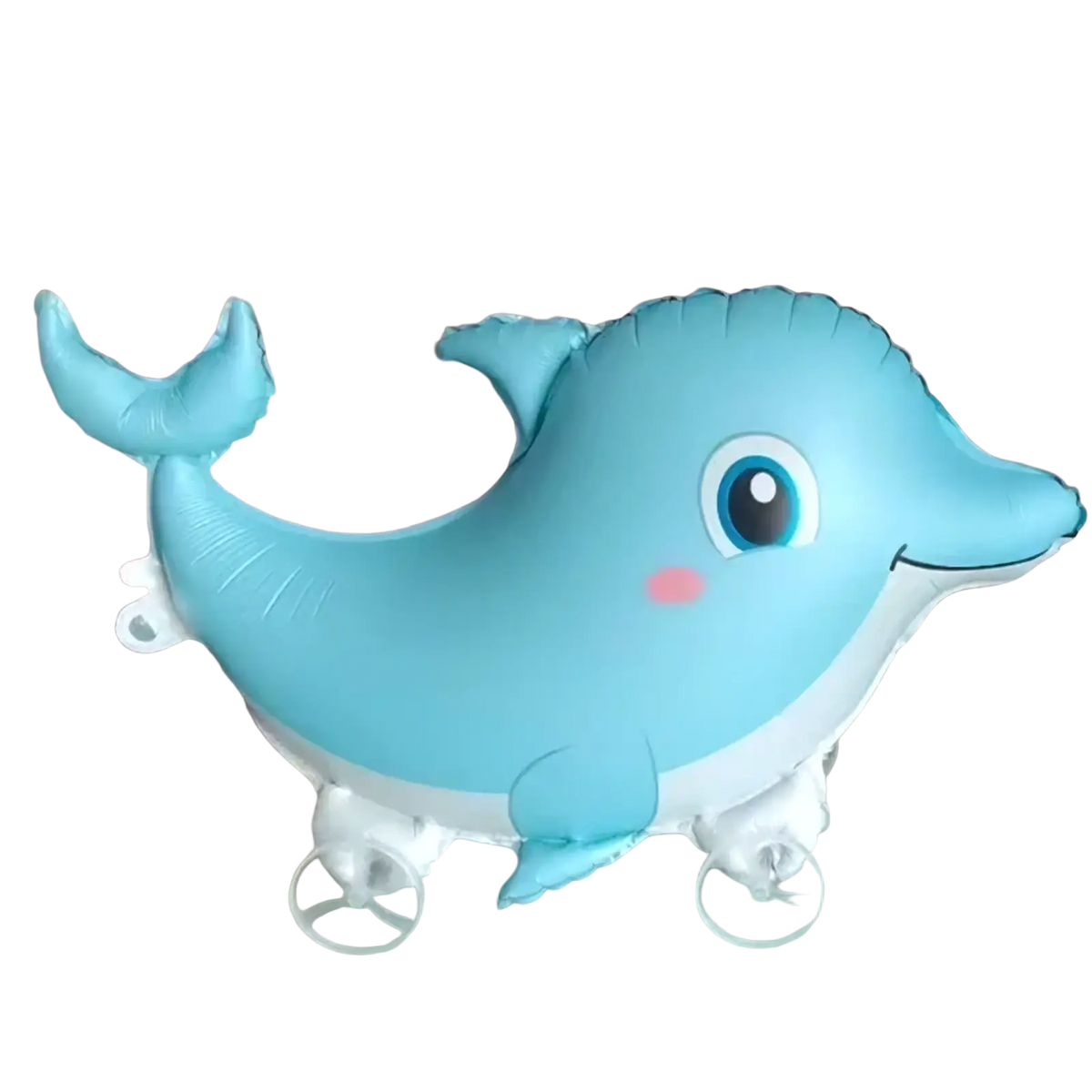 Light blue inflatable dolphin walking animal foil balloon with white wheels and pink cheek designed for playful movement