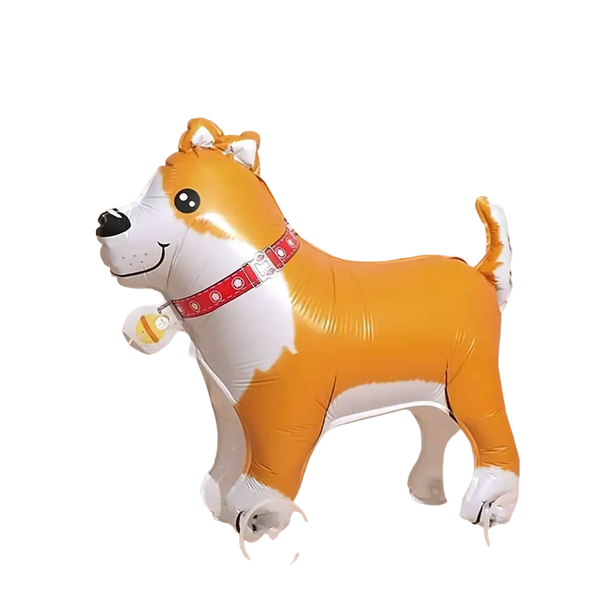 Orange and white walking animal foil balloon dog with red circular collar on stand for decoration or events