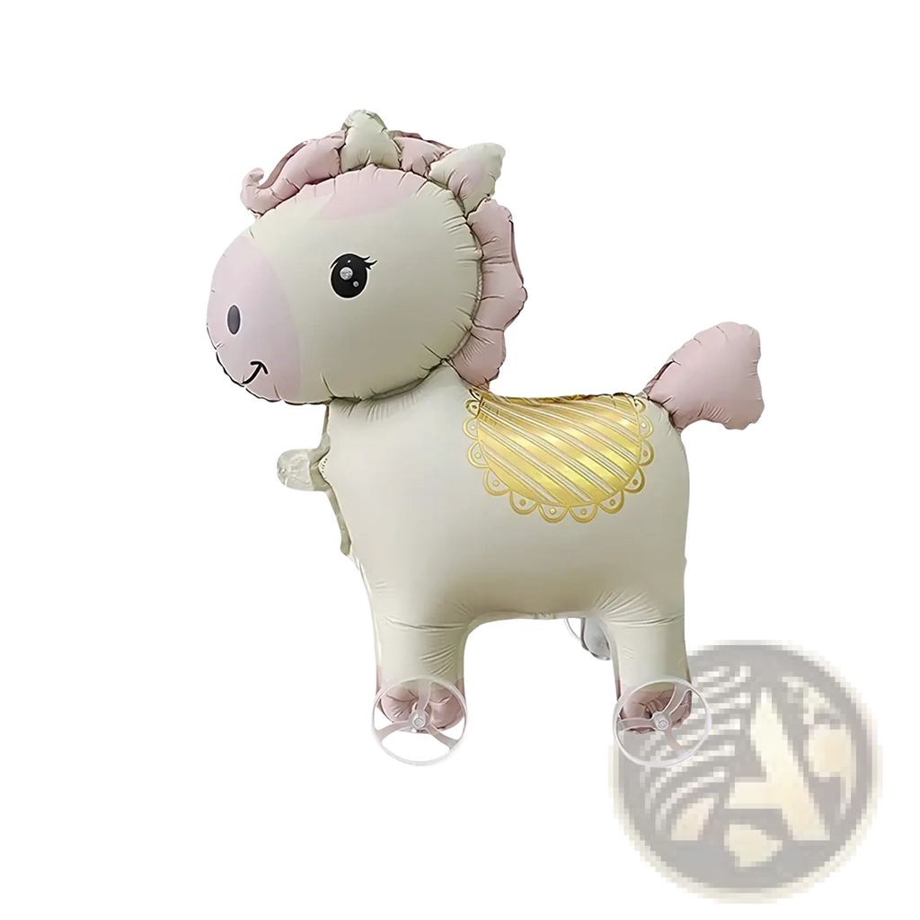 A soft inflatable unicorn walking animal foil balloon on stand with pale pink mane tail gold foil wings and white body