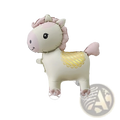 A soft inflatable unicorn walking animal foil balloon on stand with pale pink mane tail gold foil wings and white body