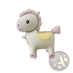 A soft inflatable unicorn walking animal foil balloon on stand with pale pink mane tail gold foil wings and white body