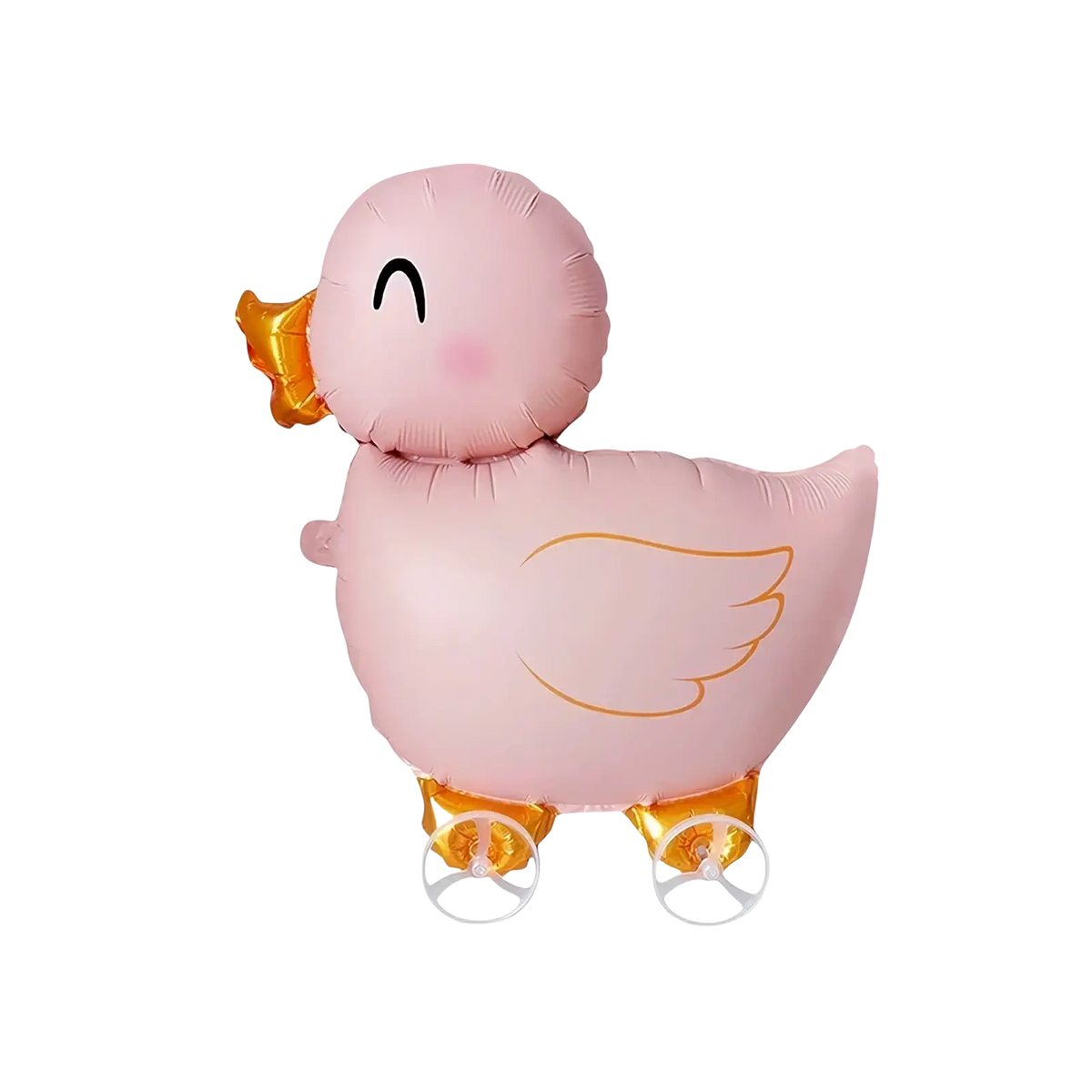 Walking animal foil balloon on stand pink inflatable duck with gold beak and feet and white wheels for mobility