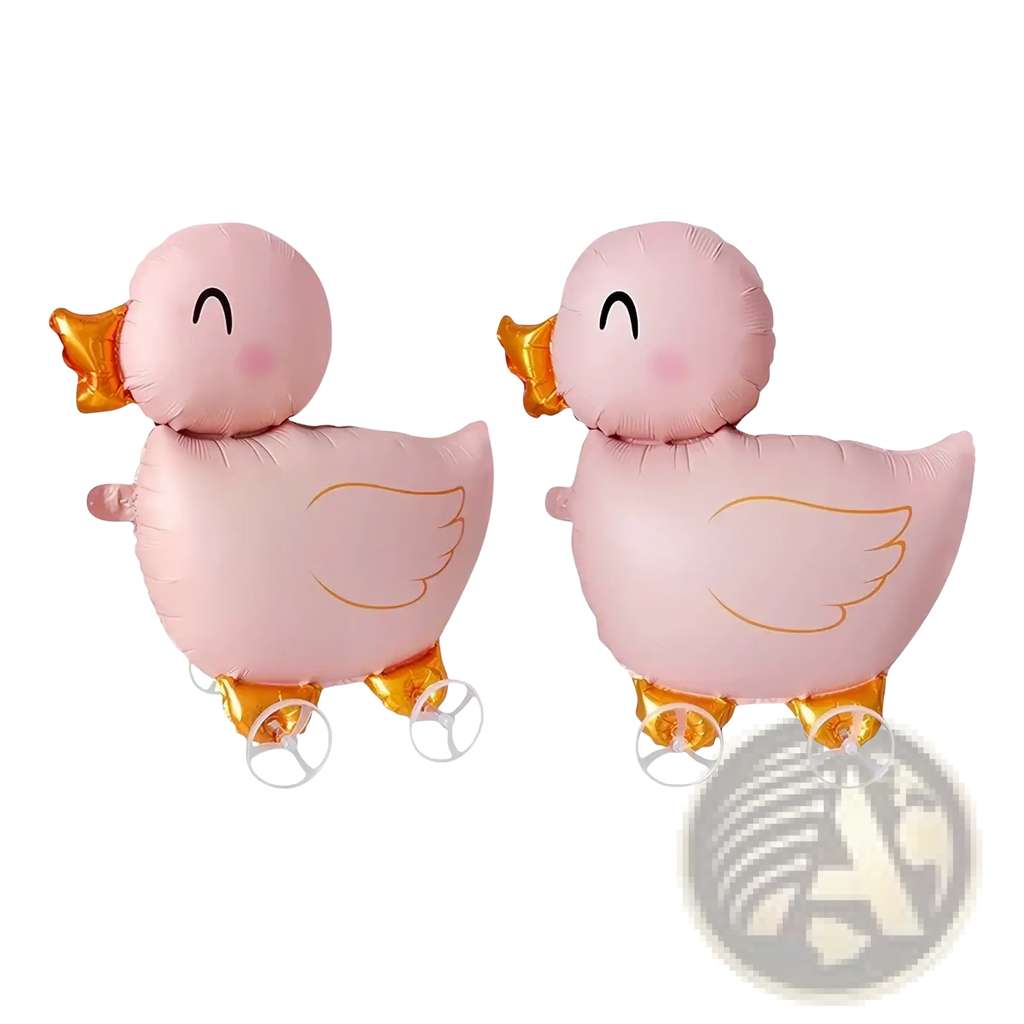 Walking animal foil balloon on stand featuring pink inflatable ducks with gold beaks feet wing outlines on white wheels