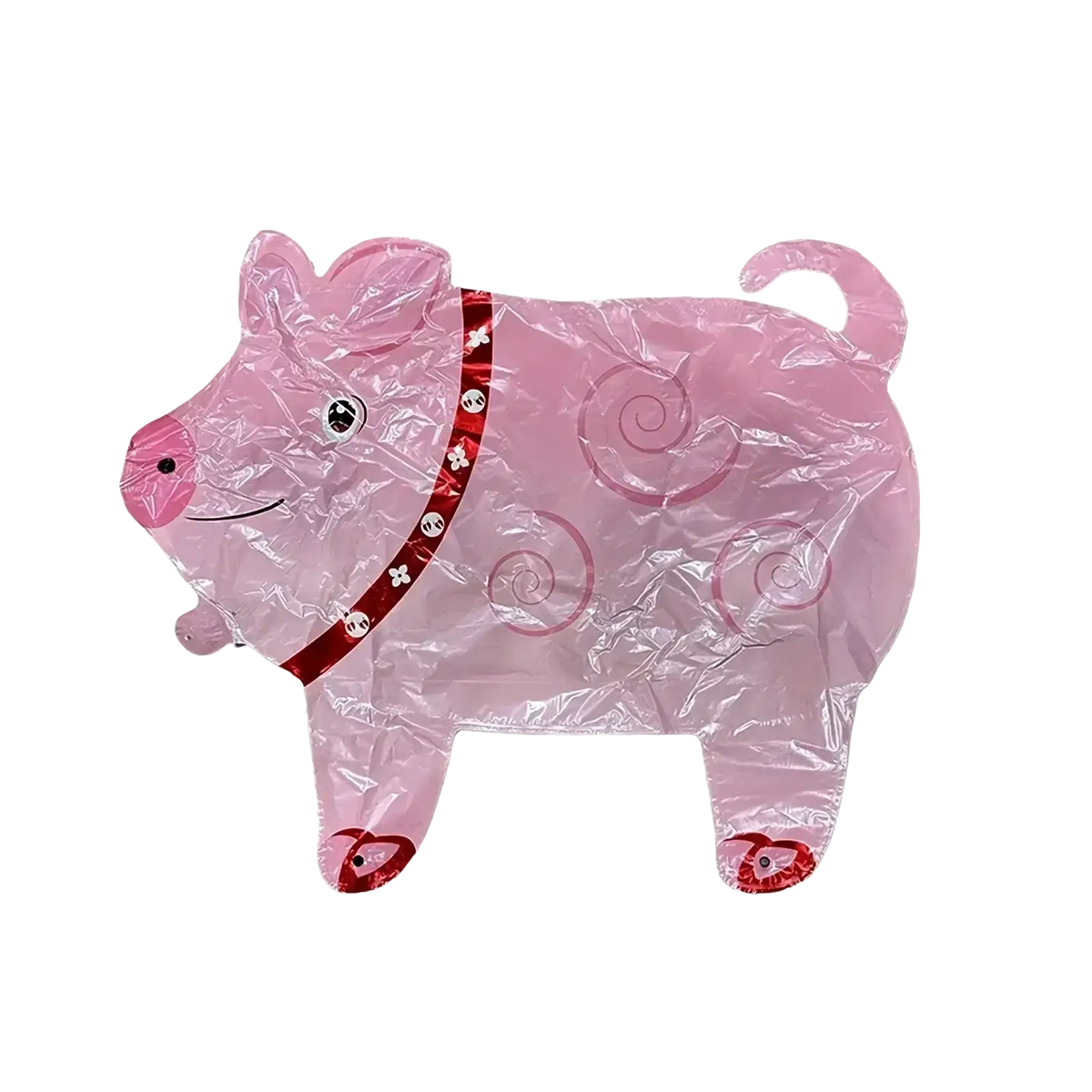 Pink inflatable walking animal foil balloon with red patterned collar and swirl designs on stand