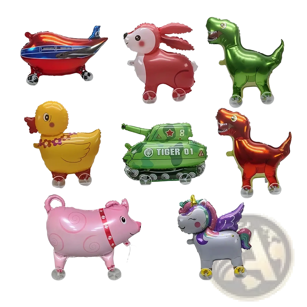 Pink pig-shaped foil walking animal balloon with red harness and swirl patterns on a stand