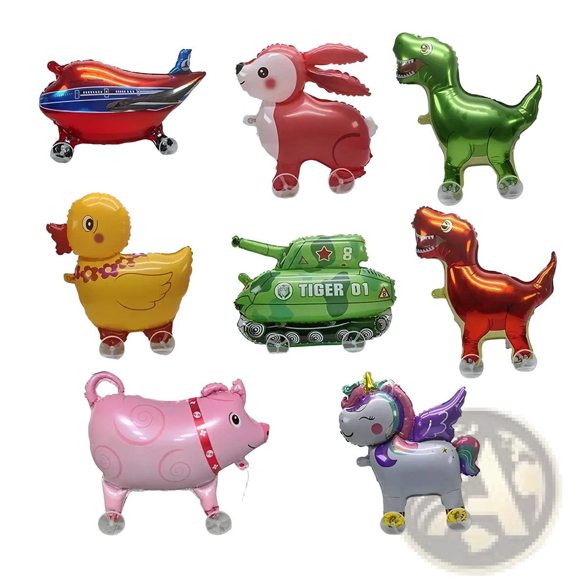 Pink pig-shaped foil walking animal balloon with red harness and swirl patterns on a stand
