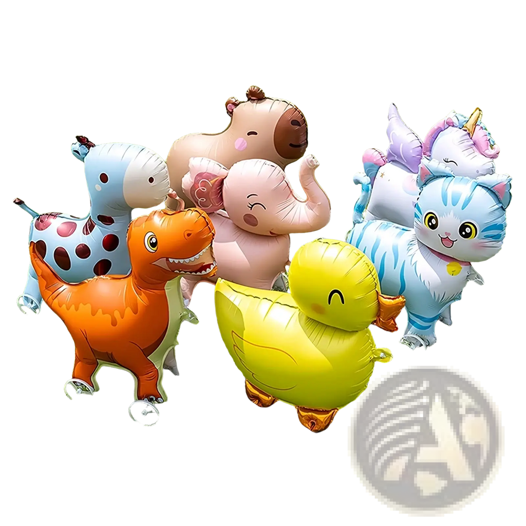 A set of colorful inflatable foil walking animal balloons on stands featuring giraffe dinosaur duck elephant cat and unicorn