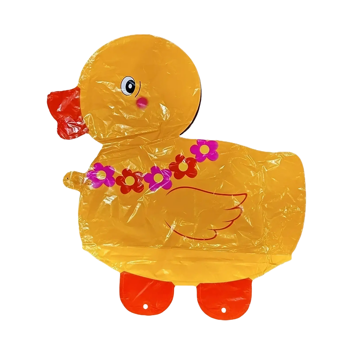 Walking animal foil balloon on stand shaped like a yellow inflatable duck with red beak and floral necklace