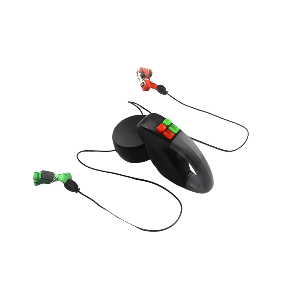 Black retractable walking traction leash for two dogs with red and green buttons and matching black cord and clips