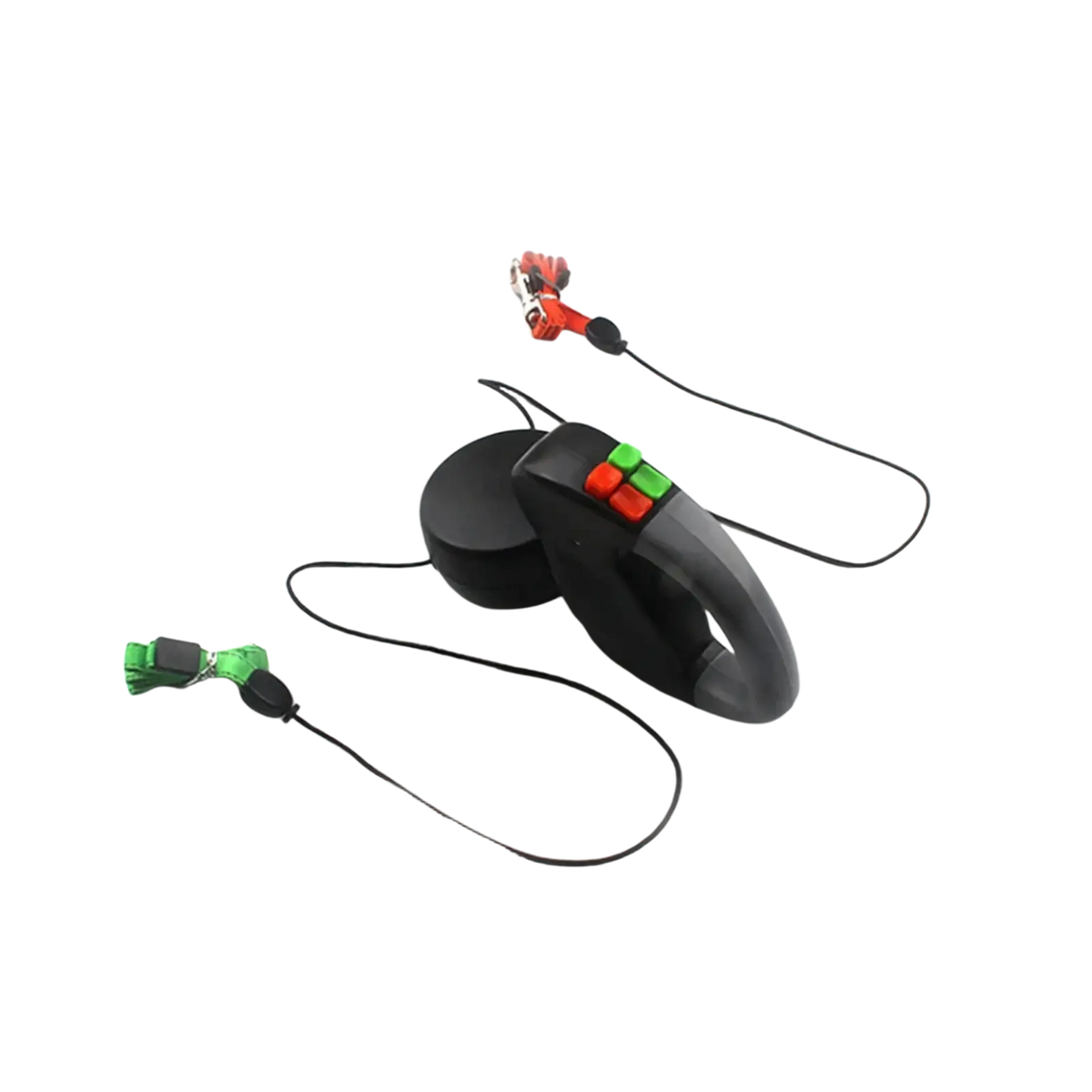 Black retractable walking traction leash for two dogs with red and green buttons and matching black cord and clips