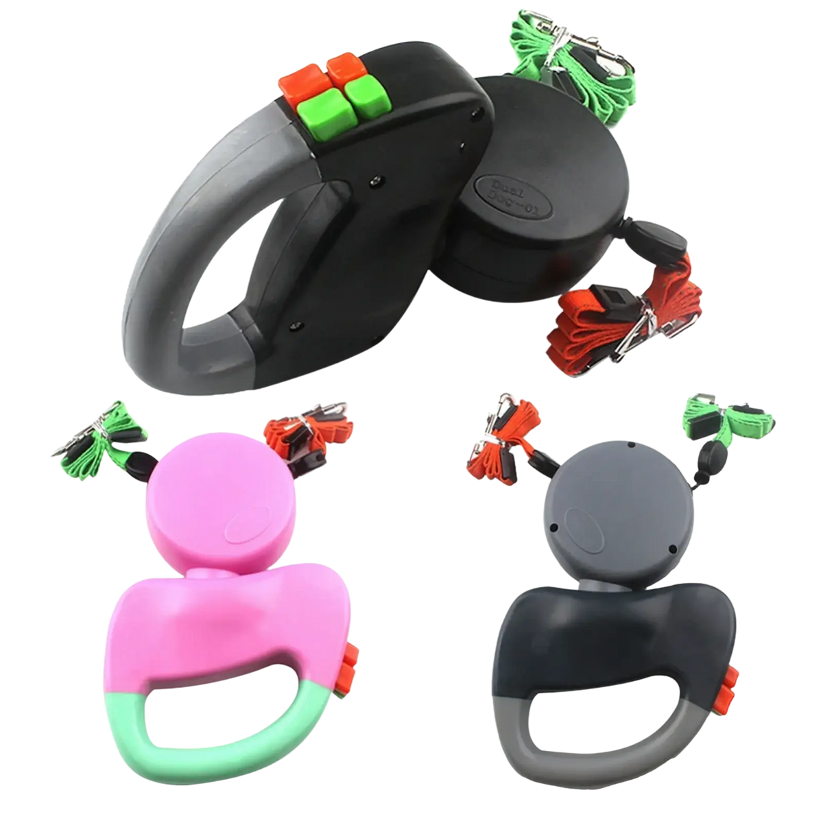Black and pink retractable walking traction leash with orange buttons and green red straps for two dogs 3m length