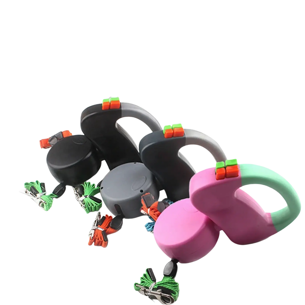 Colorful retractable walking traction leash for two dogs in black gray and pink with bright orange and green accents
