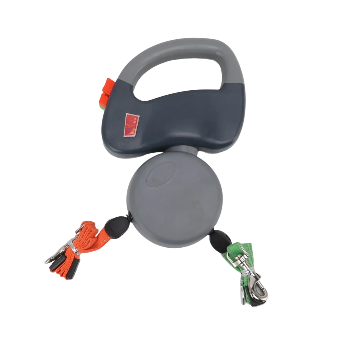 Gray retractable walking traction leash with orange and green detachable leads for two dogs 3m length