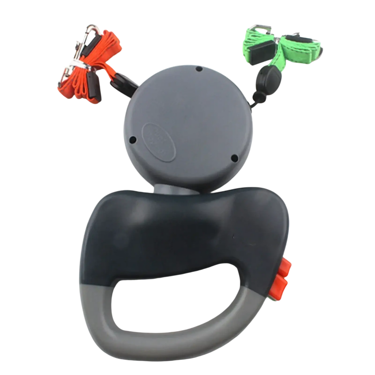 Gray plastic walking traction leash with orange and green detachable straps for two dogs 3m retractable use