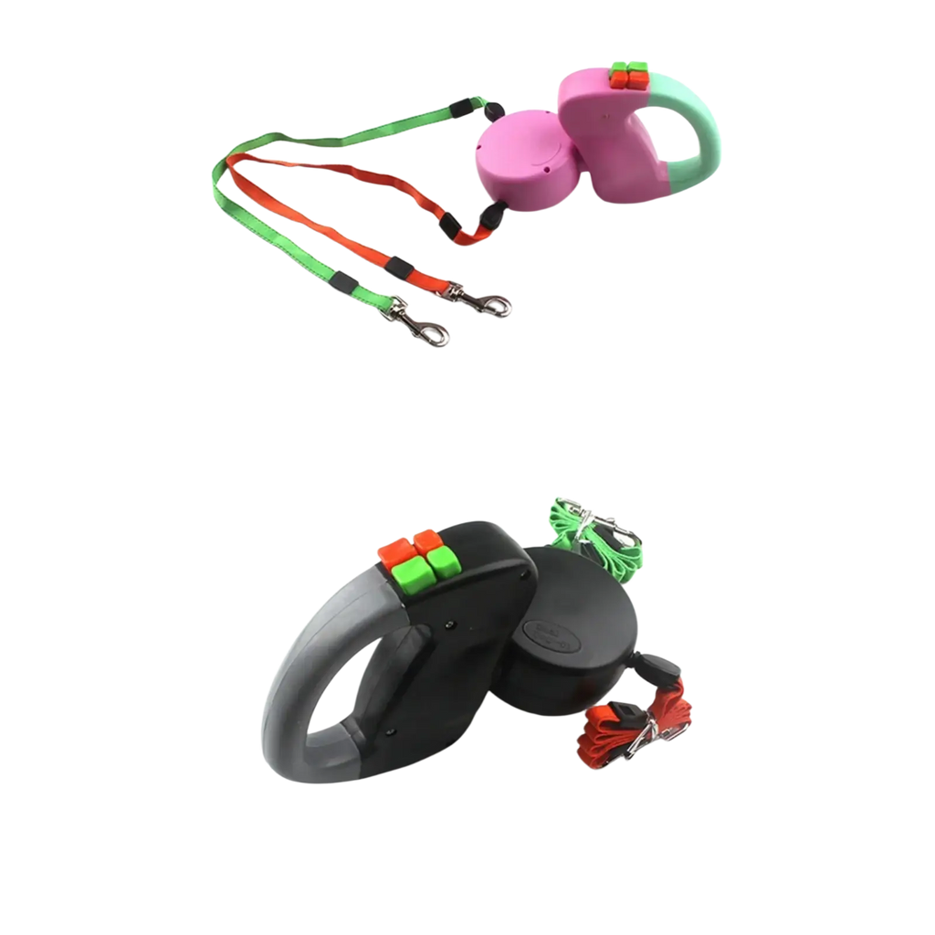 Pink and mint green retractable walking traction leash with orange and green straps for two dogs 3m traction leash