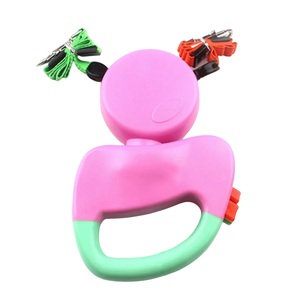 Walking traction leash for two dogs with pink and mint green retractable design and colorful clip attachments