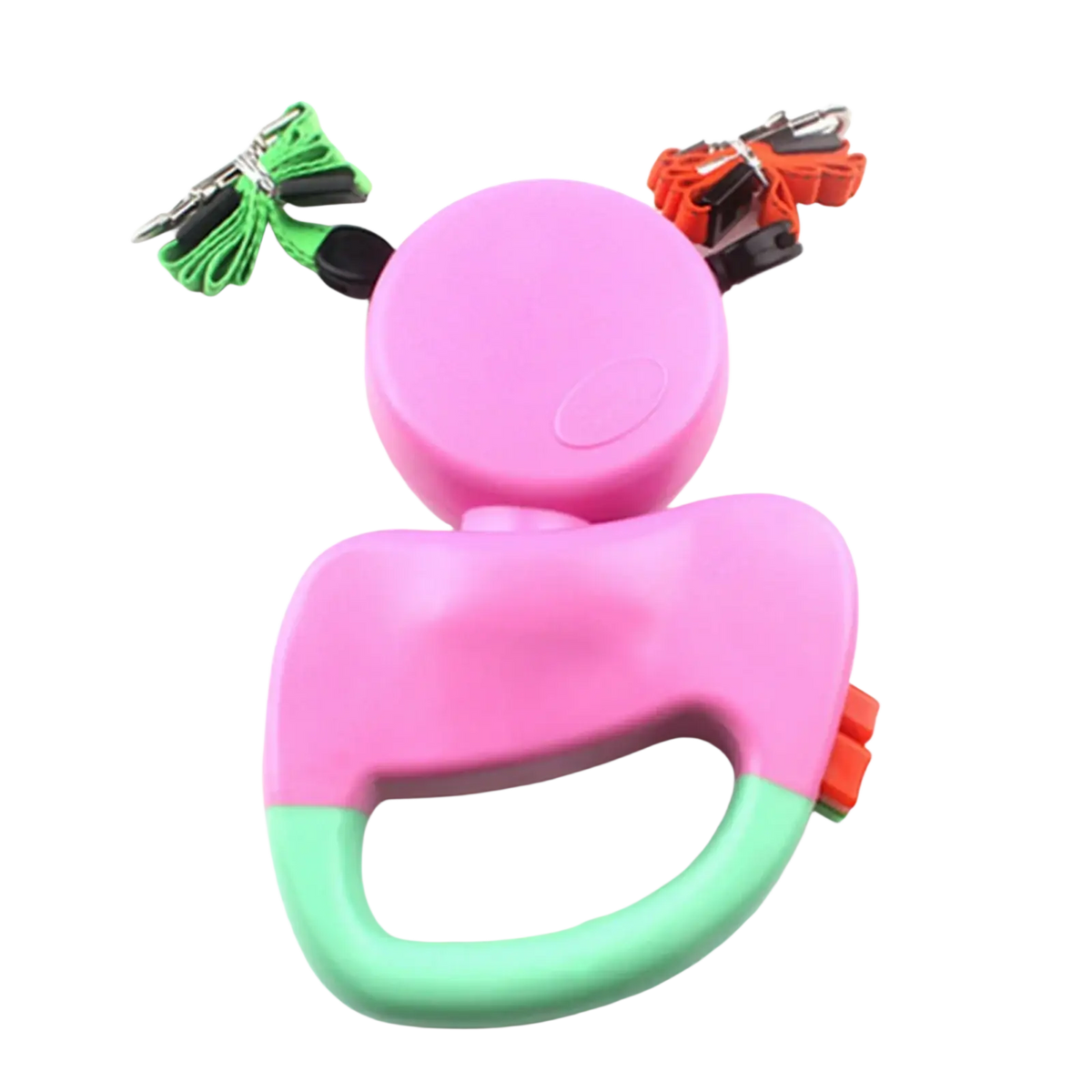 Walking traction leash for two dogs with pink and mint green retractable design and colorful clip attachments