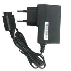 Black plastic wall charger for motorola tetra radio with european two-pin plug and coiled black cable