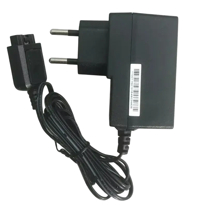 Black plastic wall charger for motorola tetra radio with european two-pin plug and coiled black cable