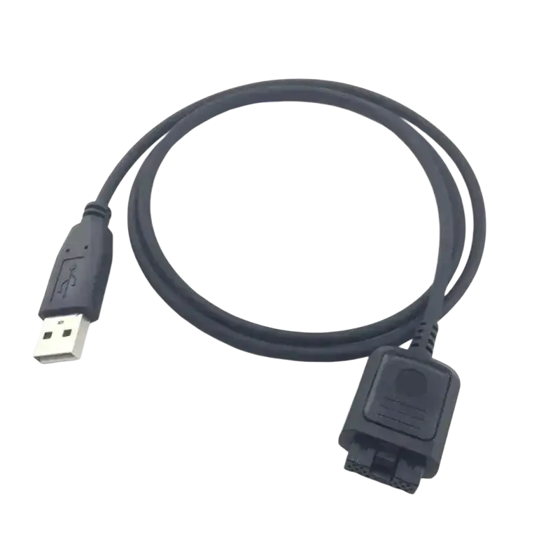 Black usb-to-serial cable with usb-a and db9 connectors for wall charger used with motorola tetra radio