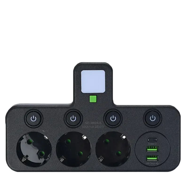 Black wall charger socket with three european usb ports and ac outlets featuring individual power buttons