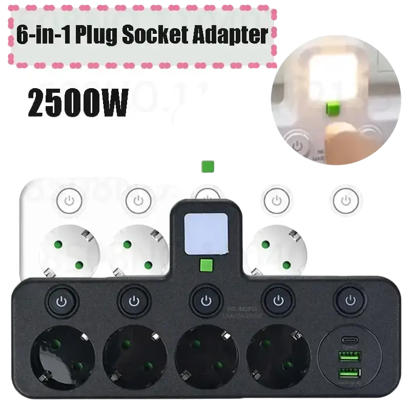 Black 6-in-1 wall charger socket with multiple usb ports and power outlets for versatile charging needs