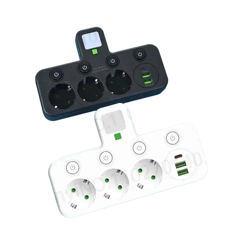 Black and white wall charger socket with usb ports circular european sockets and individual on off buttons for efficient charging
