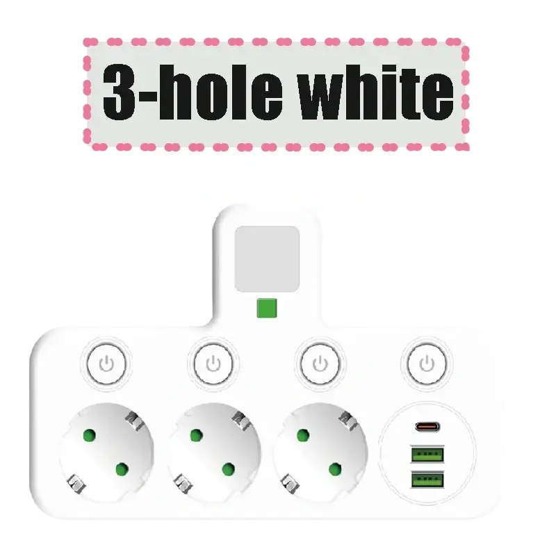 White 3-hole wall charger socket with three european outlets and two usb ports for efficient charging