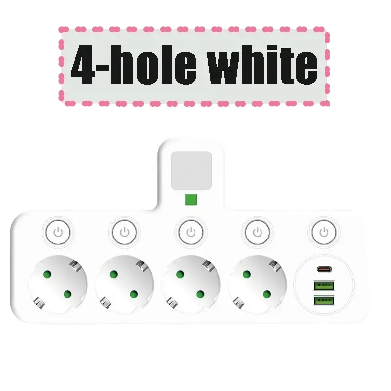 White wall charger socket with four european-style outlets and two usb ports for versatile power and charging needs