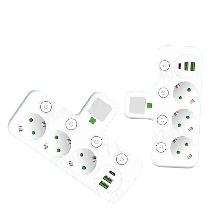 White plastic wall charger socket with usb ports and european outlets featuring green indicator lights