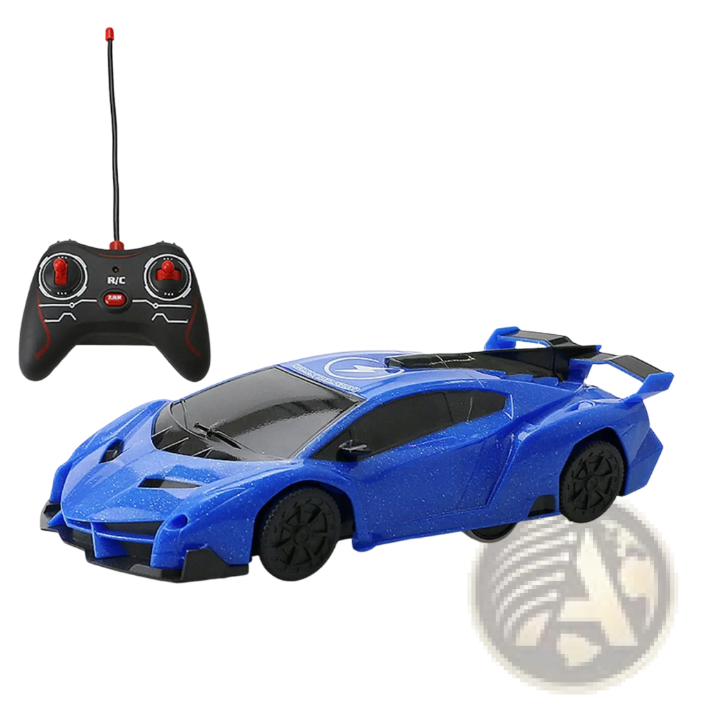 Blue wall climbing rc car with black accents featuring a sleek aerodynamic design for gravity defying stunts