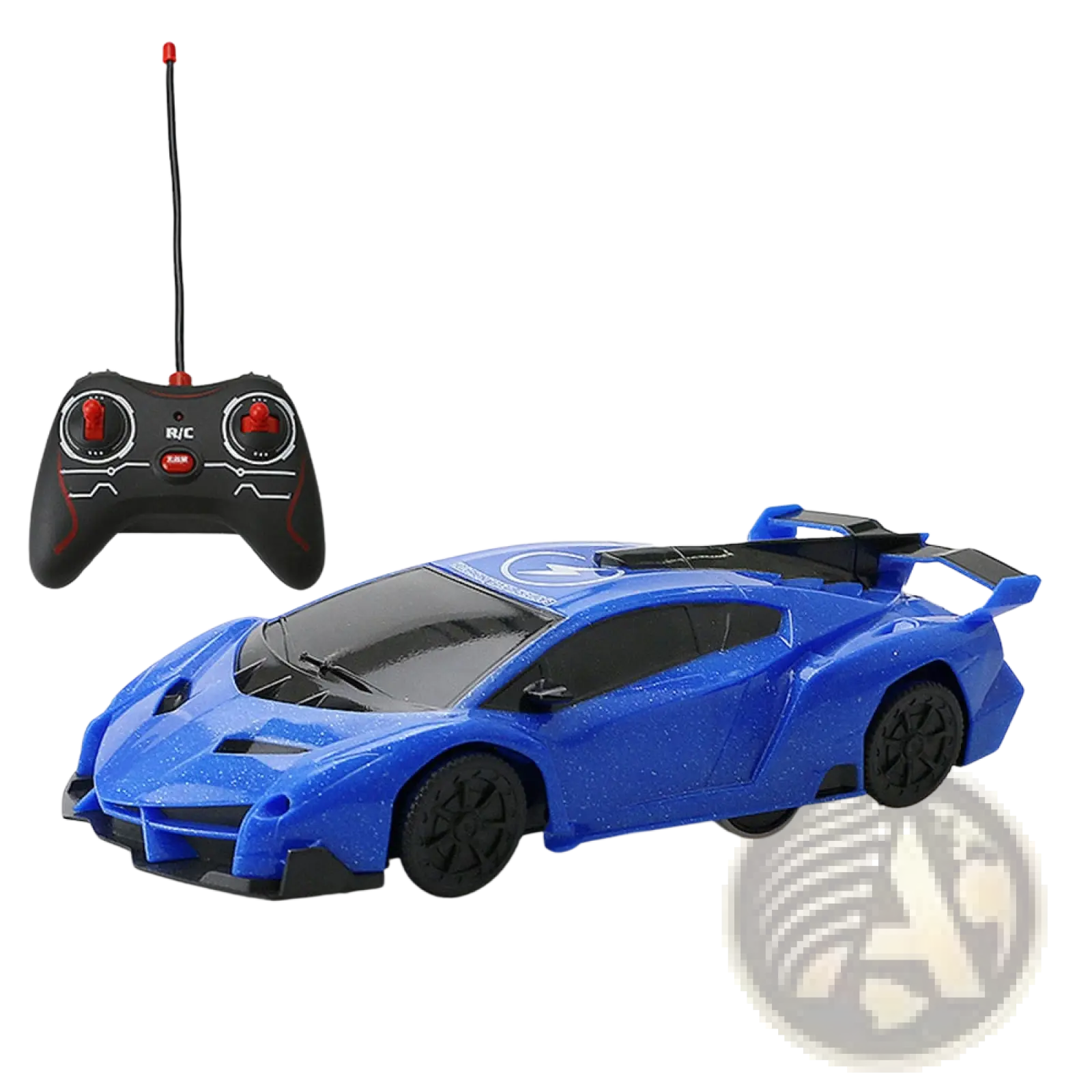 Blue wall climbing rc car with black accents featuring a sleek aerodynamic design for gravity defying stunts