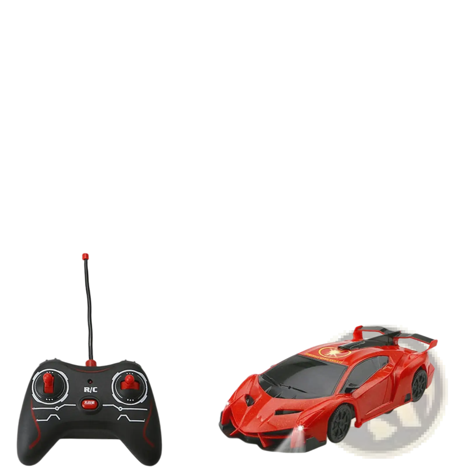 Red wall climbing rc sports car with black accents and glowing headlights designed for gravity defying stunts