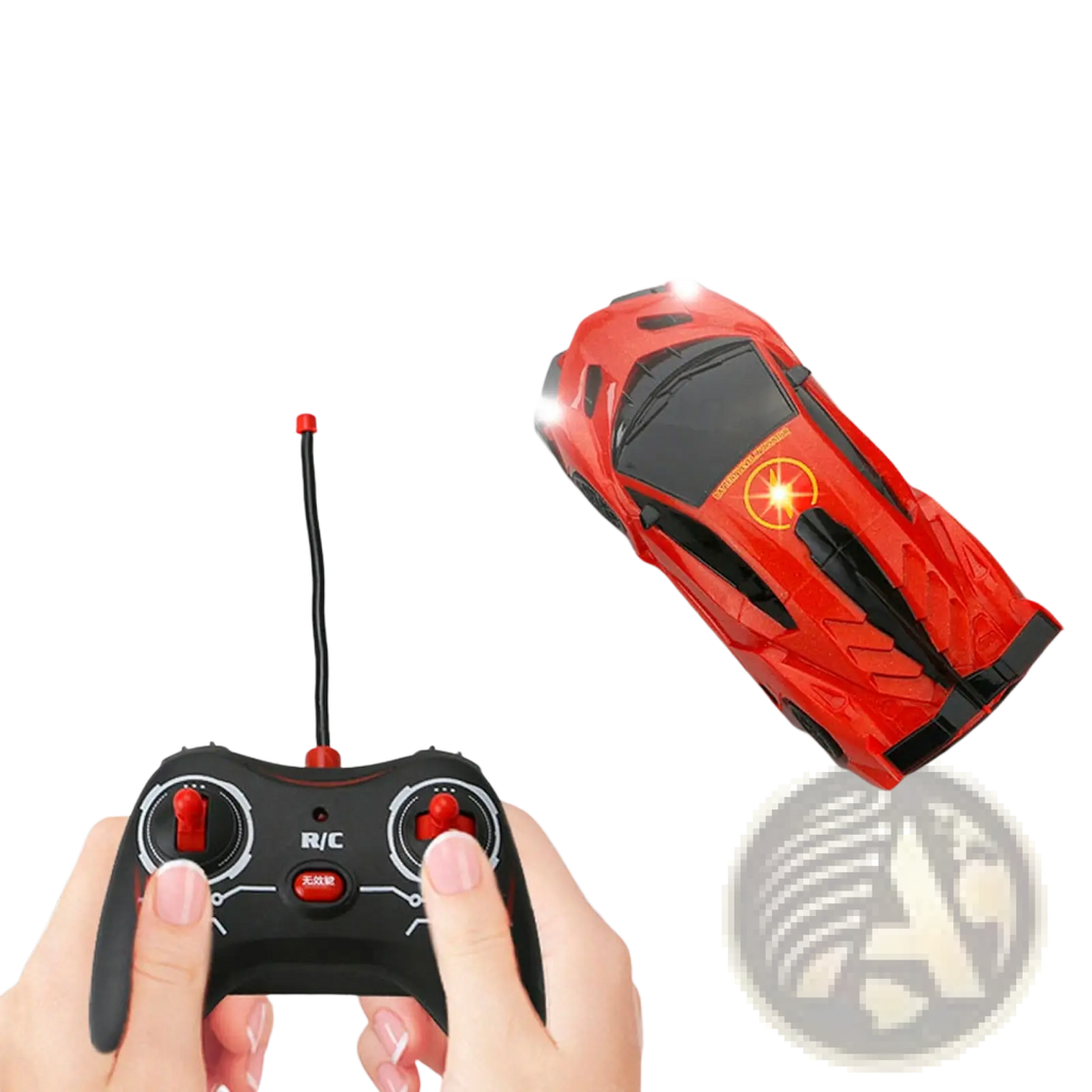 Red wall climbing RC car with black accents and glowing headlights for ground and wall dual control stunts