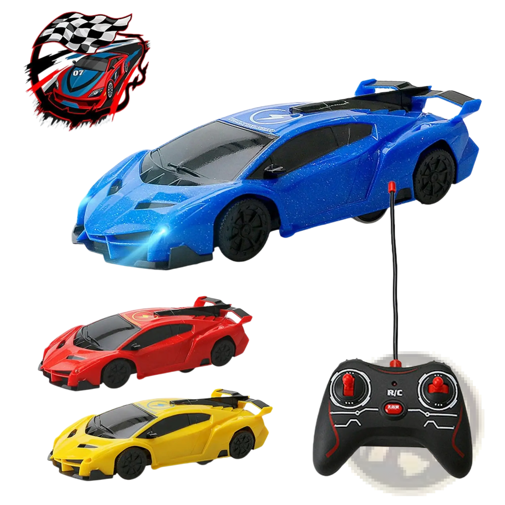 Blue glittery wall climbing rc sports car with black wheels and sleek aerodynamic design for gravity defying stunts