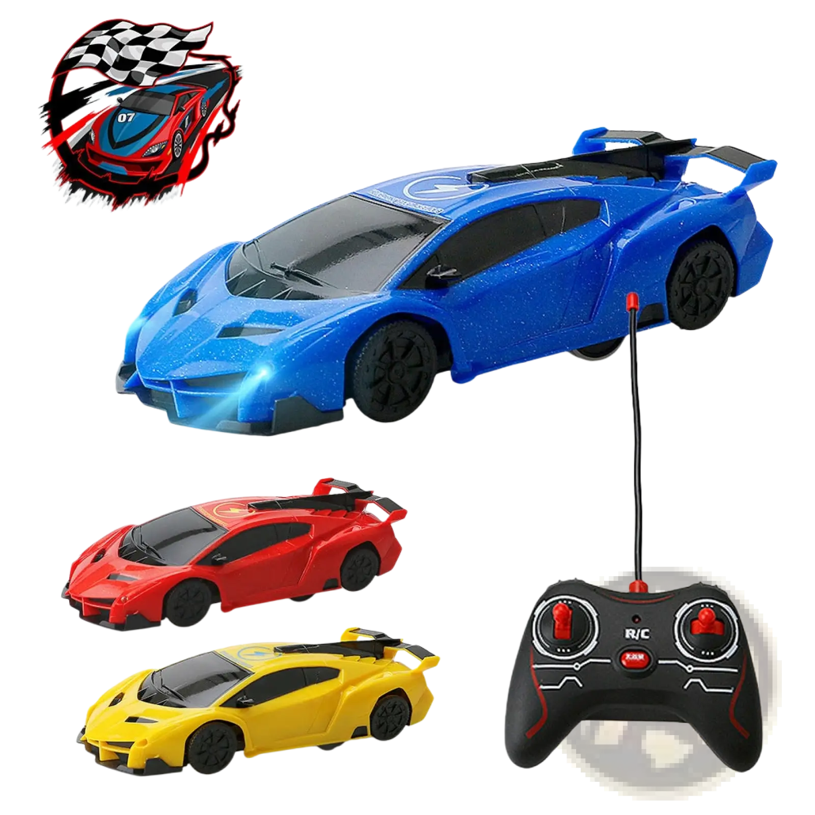 Blue glittery wall climbing rc sports car with black wheels and sleek aerodynamic design for gravity defying stunts