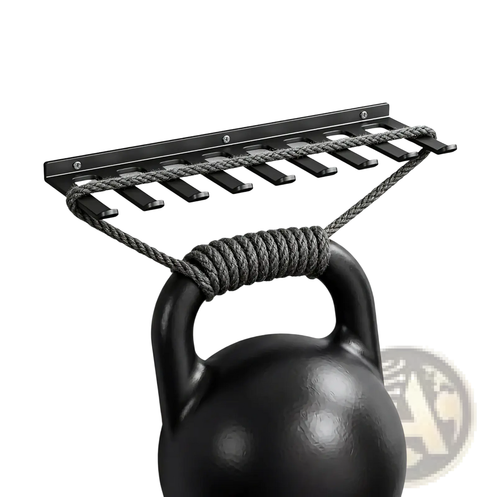 Black metal wall gym storage rack organizer with rope loops for secure kettlebell and resistance band storage