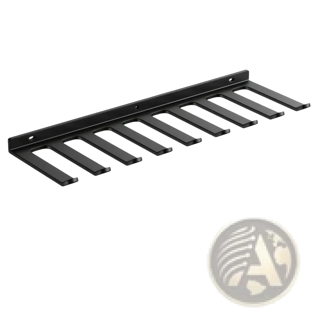 Black metal wall-mounted coat rack with ten angled hooks for organizing resistance bands in gym storage