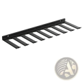 Black metal wall-mounted coat rack with ten angled hooks for organizing resistance bands in gym storage
