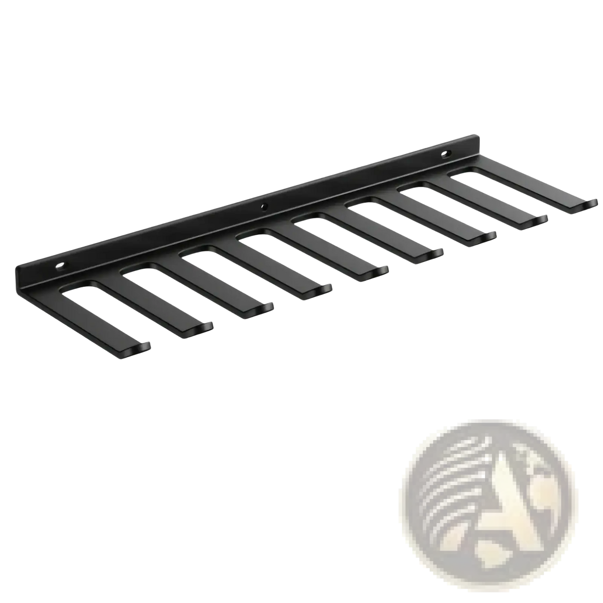 Black metal wall-mounted coat rack with ten angled hooks for organizing resistance bands in gym storage