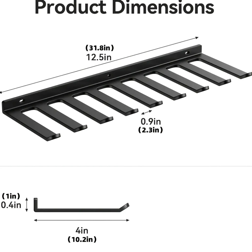 Black metal wall gym storage rack organizer with ten evenly spaced slots for resistance bands and shoe storage