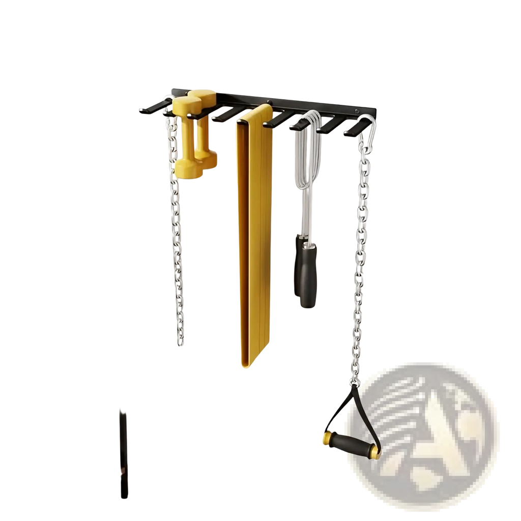 Black wall-mounted metal gym storage rack organizer holding yellow dumbbells resistance bands and chains