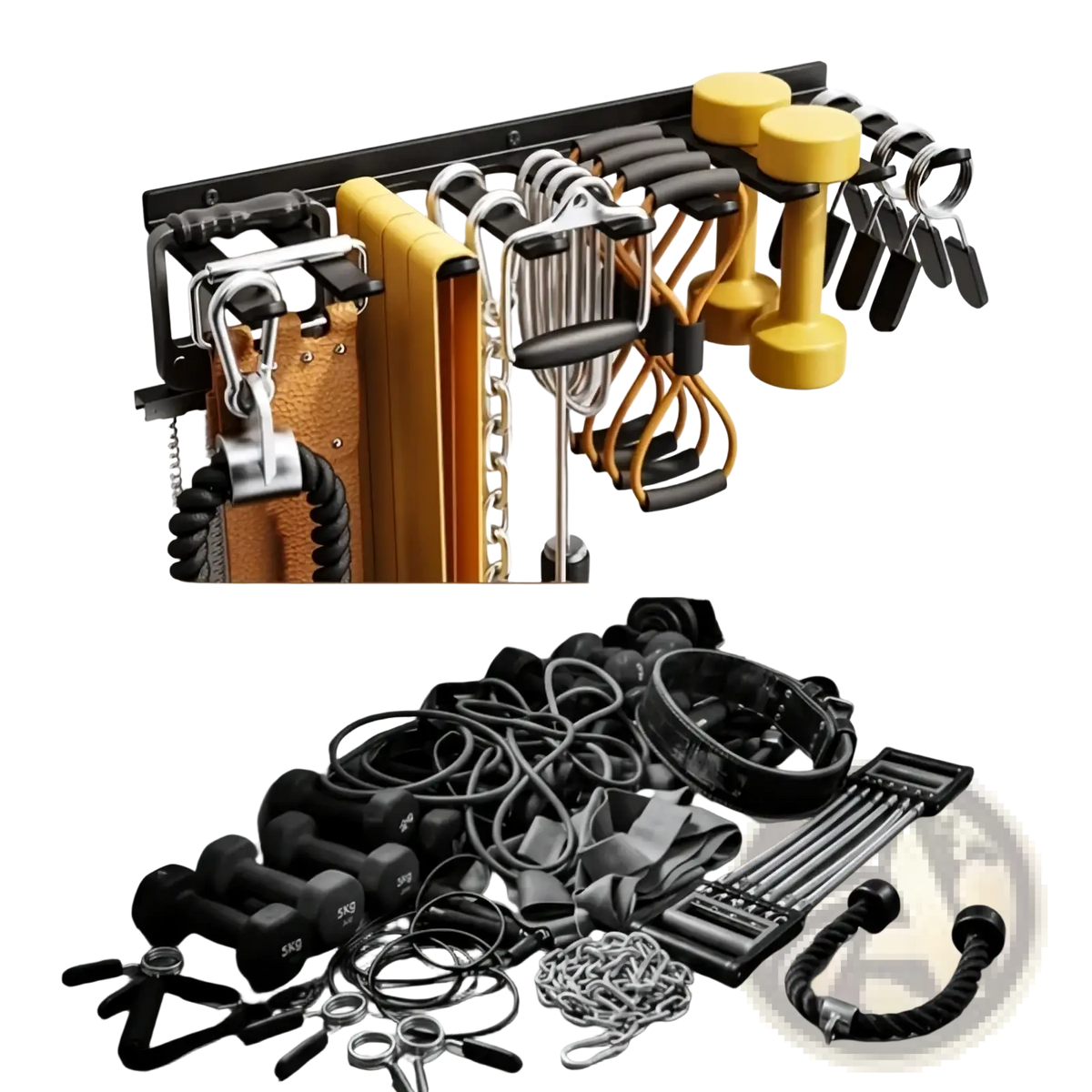 Black wall gym storage rack organizer holding yellow and black dumbbells resistance bands and gym equipment
